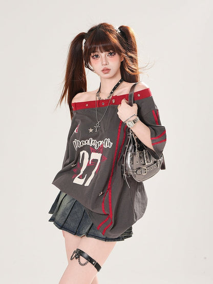 Gray Off-the-shoulder Neckline Number and Star Print Loose T-shirt