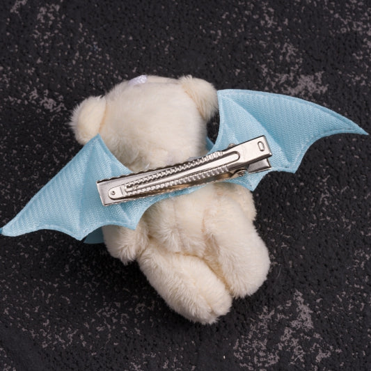 Handmade Bowknot White Teddy Hairclip with Blue Bat Wings