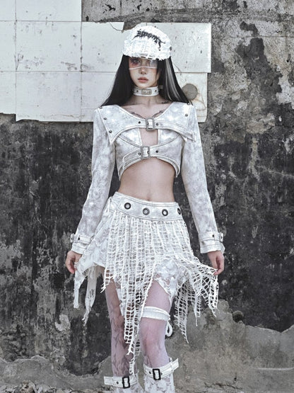 Grey Punk Buckle Closure Padded Shoulders Cropped Top