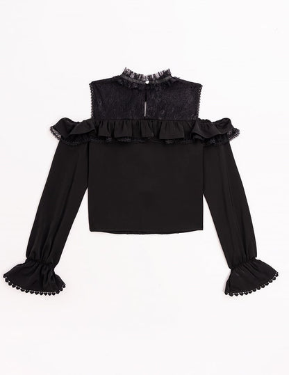 Jirai Kei Open Shoulders Long Sleeves Black Lace Blouse