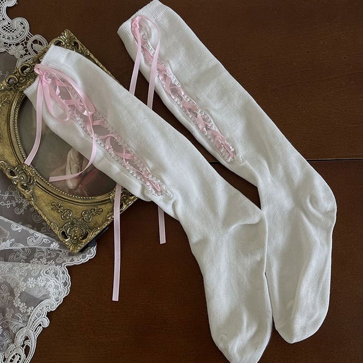 4 Color Options Lace-up Detail Underknee Stockings