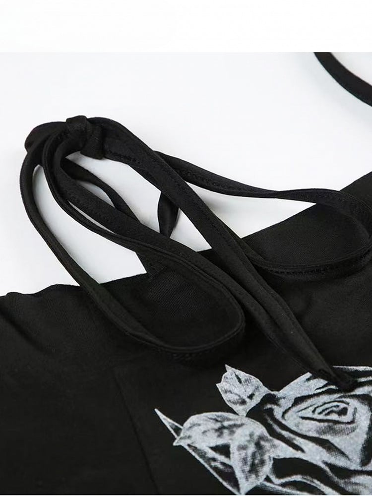 Black Y2K Rhinestone Decorated Floral Design Off-the-shoulder Neckline T-shirt