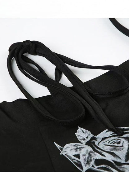 Black Y2K Rhinestone Decorated Floral Design Off-the-shoulder Neckline T-shirt