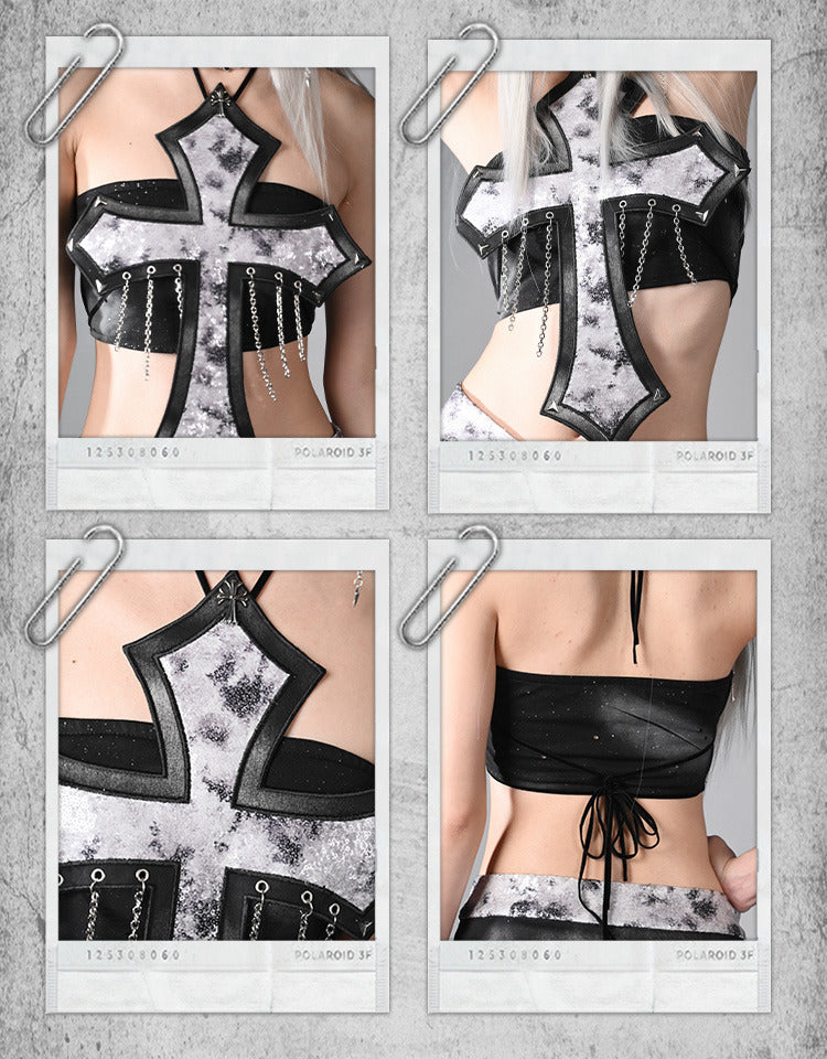 Y3K Fashion Futuristic Black & Silver Sequins and Chains Decorated Cross Strapless Cyberpunk Top
