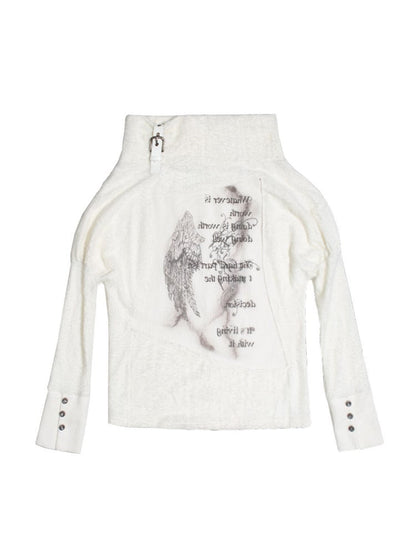 White Off-Shoulder Punk Knit Top with Batwing Sleeves & Wing Print