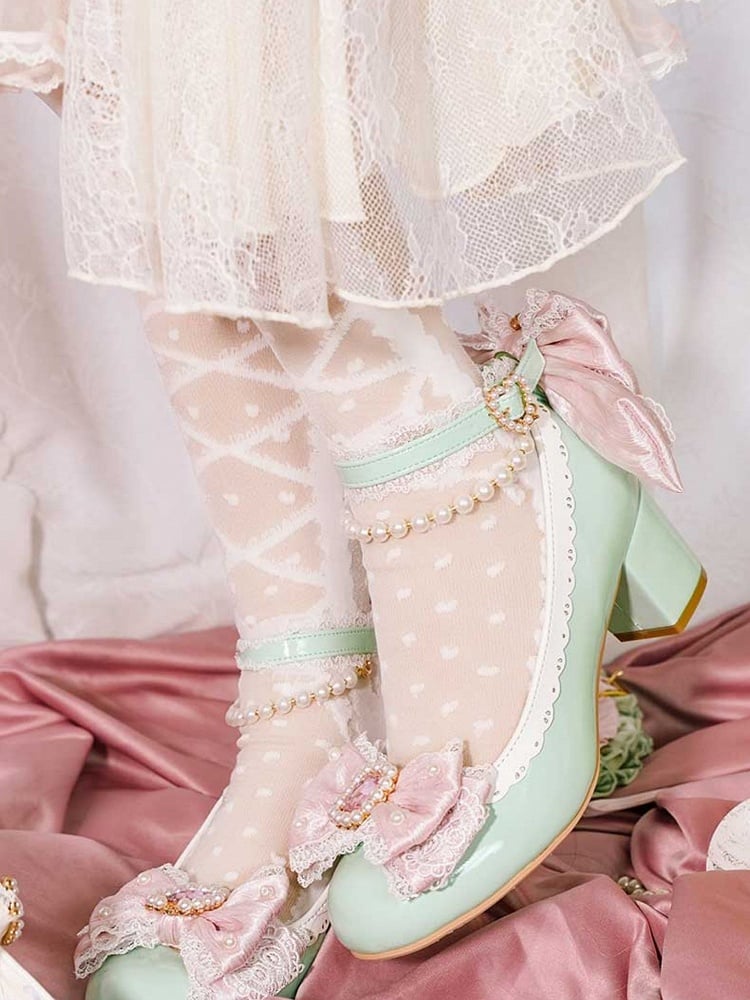 Green&Pink Beaded And Rhinestone Decorated Bow at Top Lace Trim Mary Janes With Detachable Beaded Chain