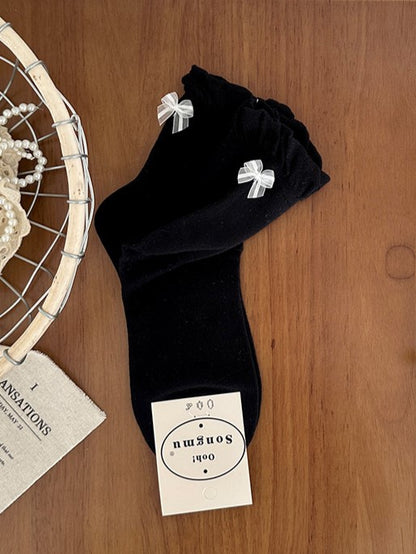 Pink/Blue/Black/White/Yellow/Gray Bowknot Details Ruffled Cuff Calf Socks