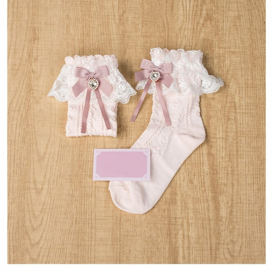 Jirai Kei Sakura Pink Bowknot and Heart Rhinestone Decoration Lace Cuffs Cotton Ankle Socks