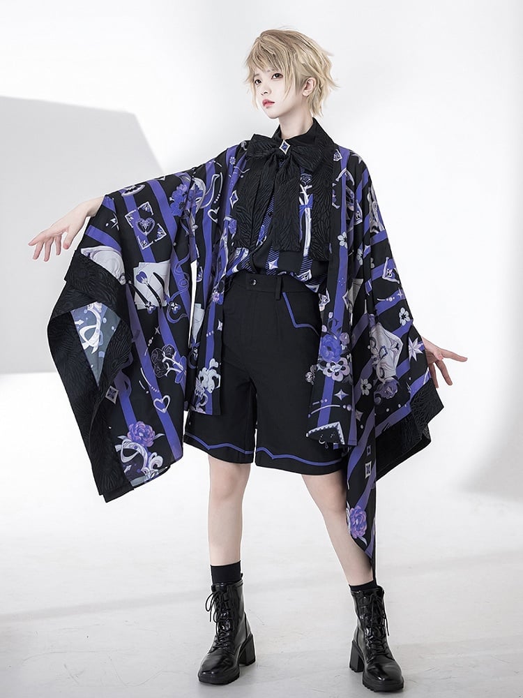 Black and Purple Striped Pattern Haori Poker and Tea Cup Print