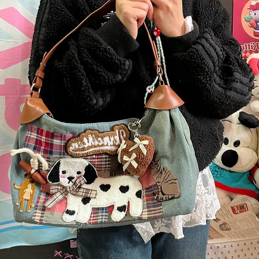 Artisanal Washed Denim Blue and Pink Plaid Shoulder Bag with Vintage Puppy & Kitten Patches