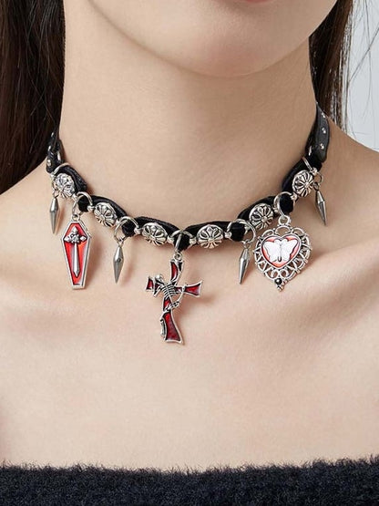 Punk Gothic Black and Red Crosses and Studs Choker