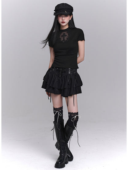 Black Coffin-shaped Cutout Cross Applique T-Shirt