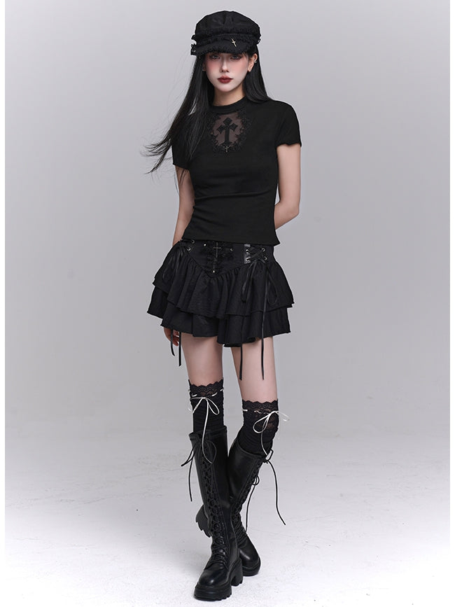 Black Coffin-shaped Cutout Cross Applique T-Shirt