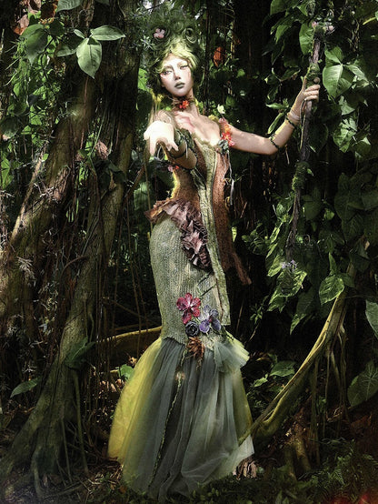 Butterfly and Floral Decorated Green Forest Fairy Goth Double Layers Tulle Hem Mermaid Skirt