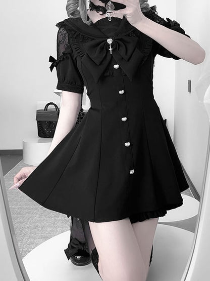 Black Jirai Kei Set - Sailer Collar Sweetheart Buttons Short Sleeves Top + Shorts + Bow Tie