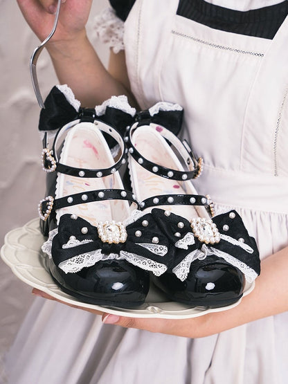 Polished Black Detachable Rhinestone And Beaded Decorated Bowknot Lace Trim 4.5CM Block Heels Shoes