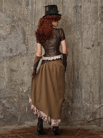 Brown Steampunk Retro Oil Painting Print High-low Skirt Cascading Ruffle Trim