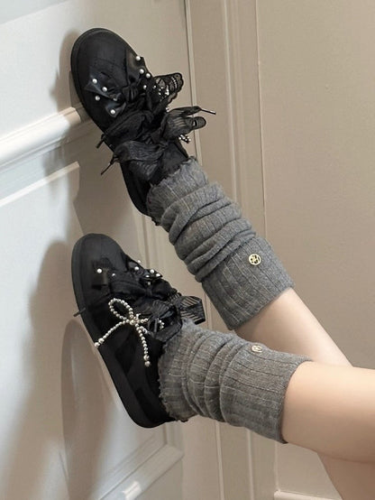 Black Beaded Decorated Bow at Top Lace Front Lace-up Ties Sneakers