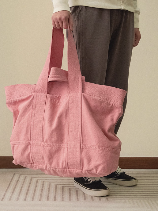 Large-Sized Chic Pink Double-Handle Canvas Tote Bag With Ruffle Accents