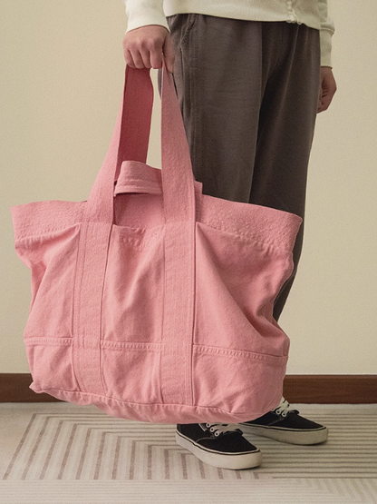 Large-Sized Chic Pink Double-Handle Canvas Tote Bag With Ruffle Accents