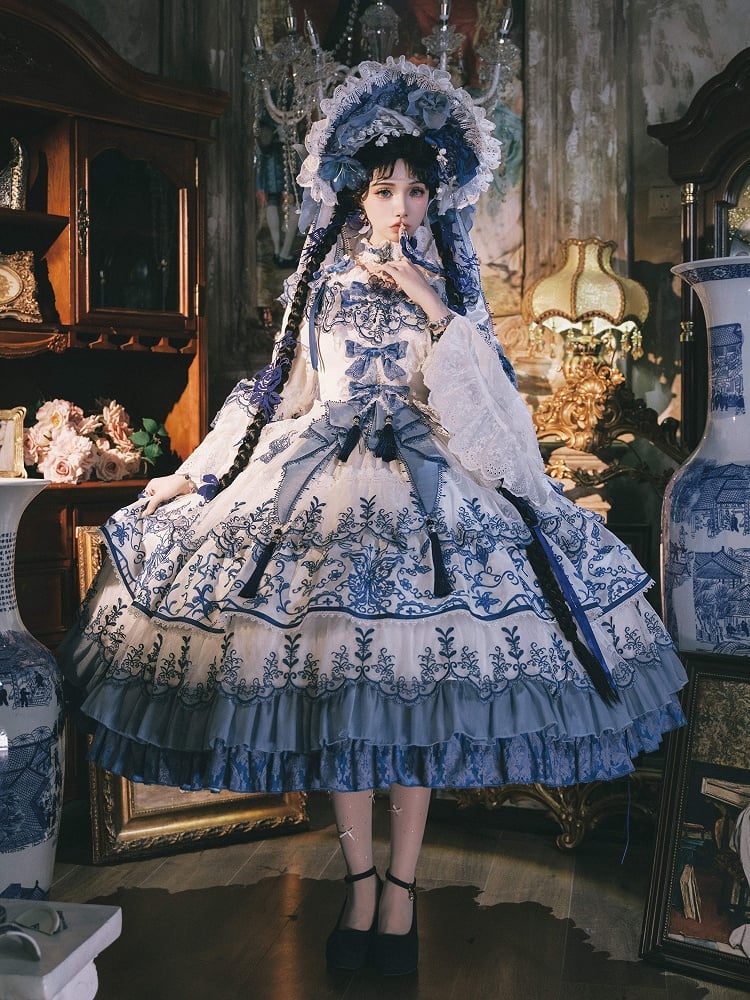 Butterfly Fabric Blue and White Porcelain Embroidery Chinoiserie Style Lolita Dress Long Version