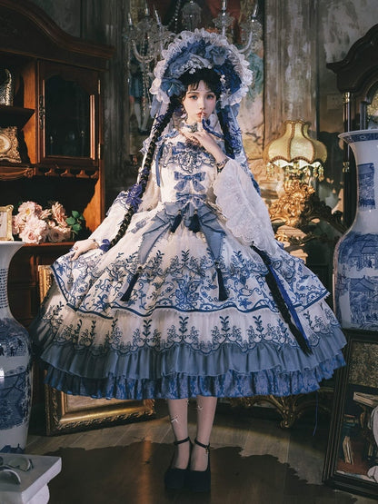 Butterfly Fabric Blue and White Porcelain Embroidery Chinoiserie Style Lolita Dress Long Version