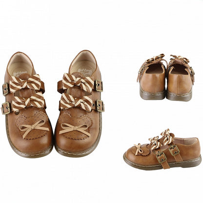 Brown Striped Pattern Bowknot Details Bear Design Lolita Flats