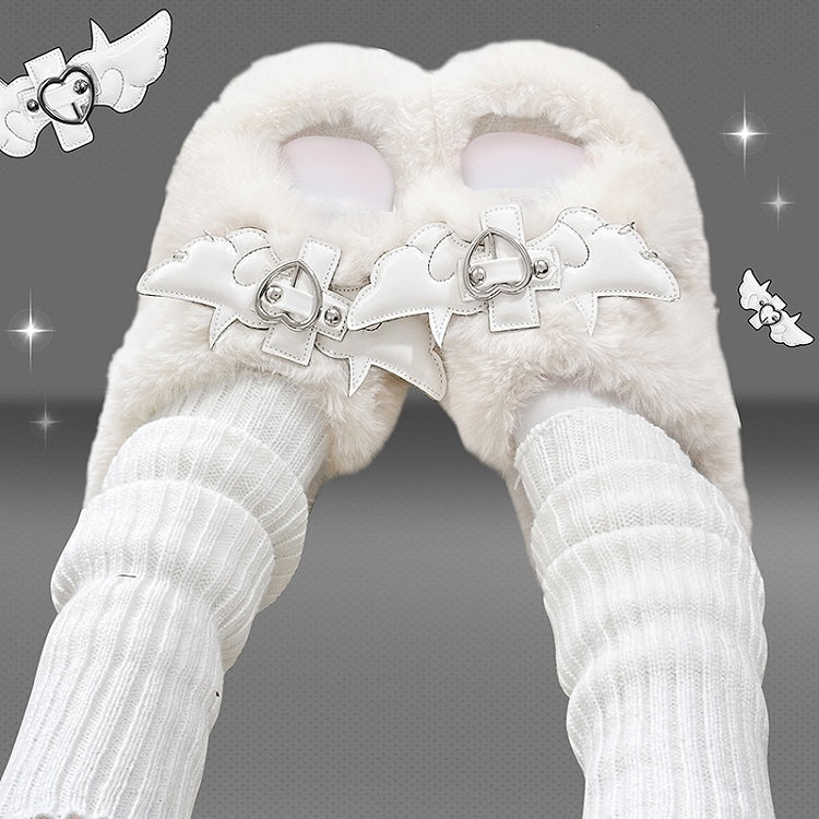 Cross Wings Decorated White Plush Platform Slippers Punk Winter Shoes