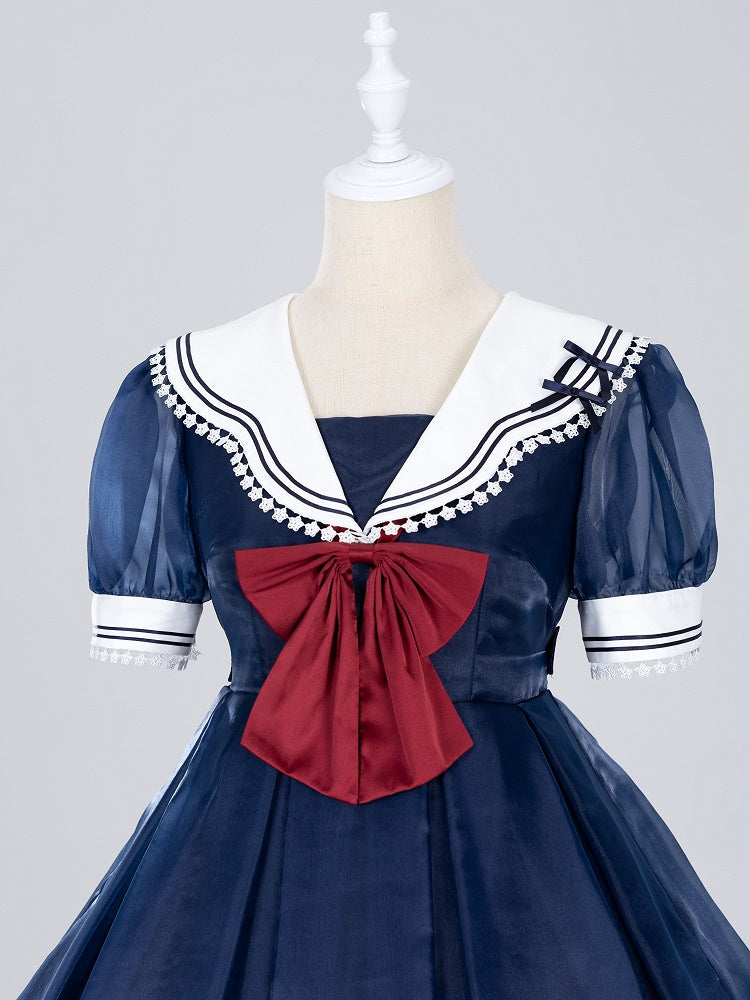 Navy Starry Sailor Lolita Dress with Red Bowtie