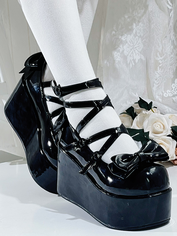 Black Bowknot Buckle Straps Round Toe Platform Lolita Shoes