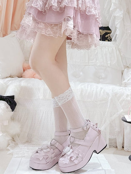 Jirai Kei Polished Pink Rhinestone Heart Decorated Lace-up Details Platform High Block Heels