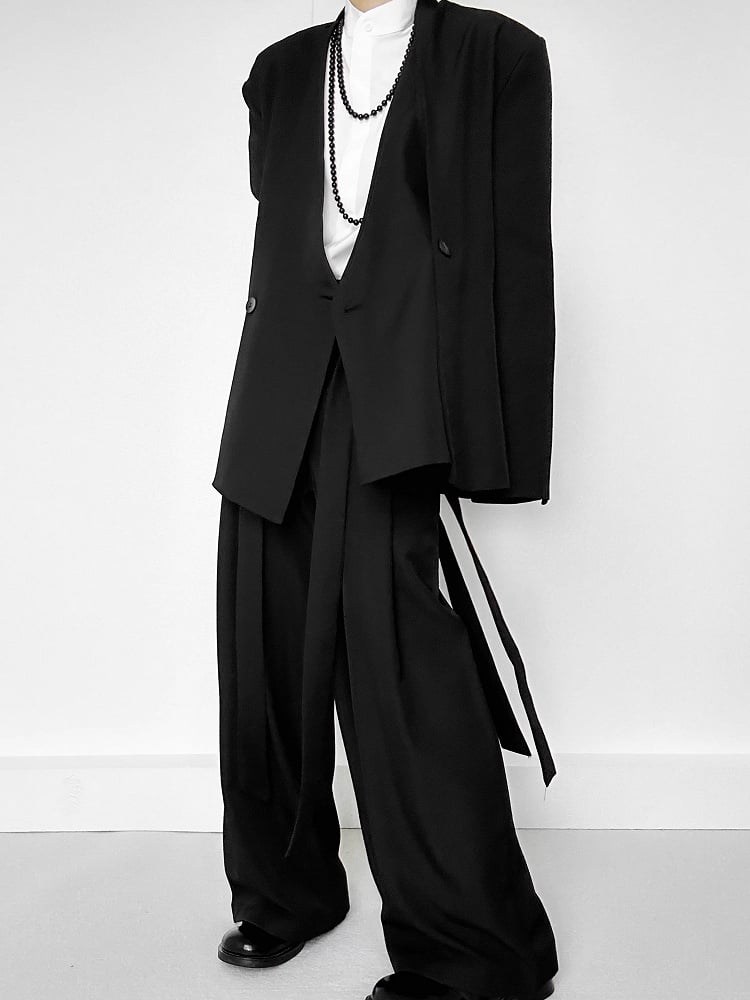 Ouji Lolita Black Wide-Leg Pants with Side Ribbons & Two-Button Fly