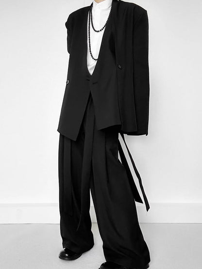 Ouji Lolita Black Wide-Leg Pants with Side Ribbons & Two-Button Fly