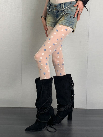 Milk White Y2K Star Print Punk Tights