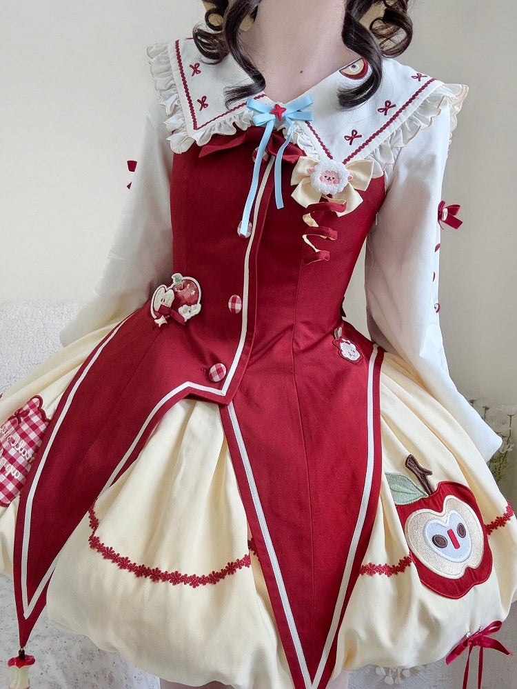 Yellow & Red Apple Embroidered Sweet Clown Lolita JSK Dress + Beige Ruffled Blouse Set