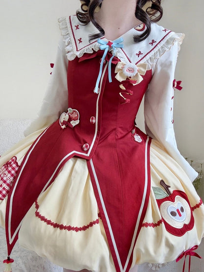 Yellow & Red Apple Embroidered Sweet Clown Lolita JSK Dress + Beige Ruffled Blouse Set