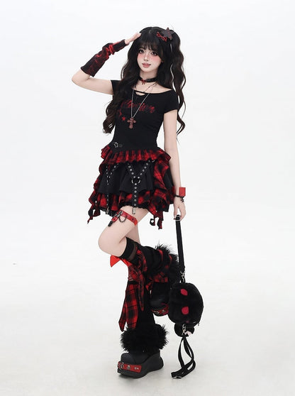 Red and Black Plaid Cascading Ruffle Accents Star and Letter Appliques T-shirt