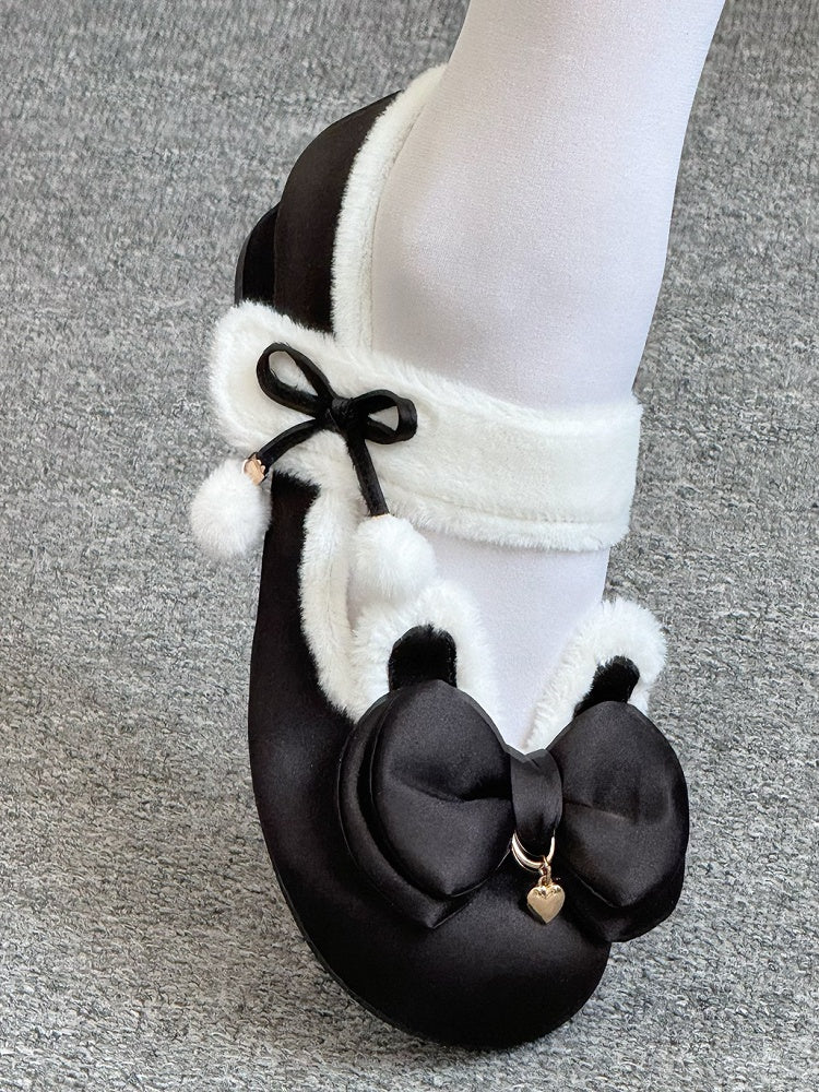 Black Sweet Lolita Heart Charm Plush Bunny Ear Bow at Top Round Toe Shoes