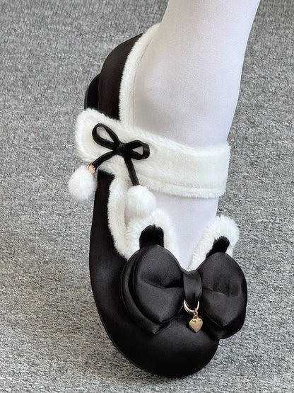 Black Sweet Lolita Heart Charm Plush Bunny Ear Bow at Top Round Toe Shoes