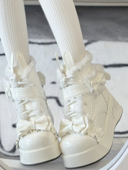 Creamy White Bunny Ear Design Bow Accents Fleeced Lined Lolita Platform Ankle Boots