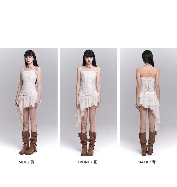 Beige Cross Lace Applique Lace-up Strapless Top / Asymmetrical Hem Tiered Skirt