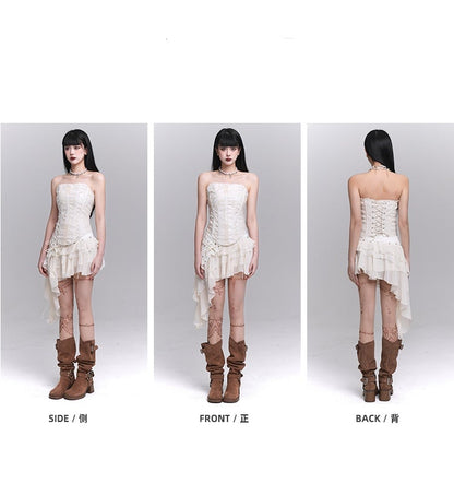 Beige Cross Lace Applique Lace-up Strapless Top / Asymmetrical Hem Tiered Skirt