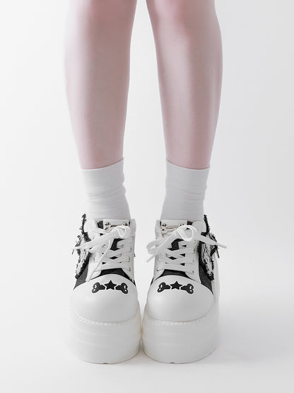 Black & White Punk Bone Applique Silver-tone Studs Platform Shoes