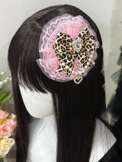 Pink/Rose Red Beaded Charm Rhinestone Heart Decorated Leopard Pattern Lace Trim Bowknot Hairclip