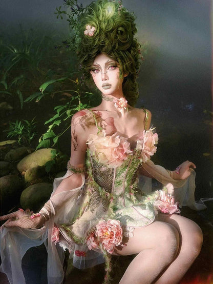 Forest Fairy Goth Pink and Green Boned Corset + Tulle Overlay + Floral Petticoat + Sleeves