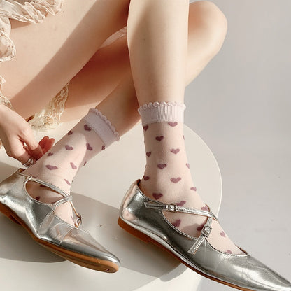 White&Black/Purple Heart Embroidery Ribbed Trim Calf Socks