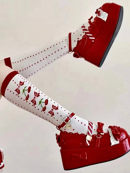 Red Cherry Print Polka-dot Pattern Lolita White Calf Socks