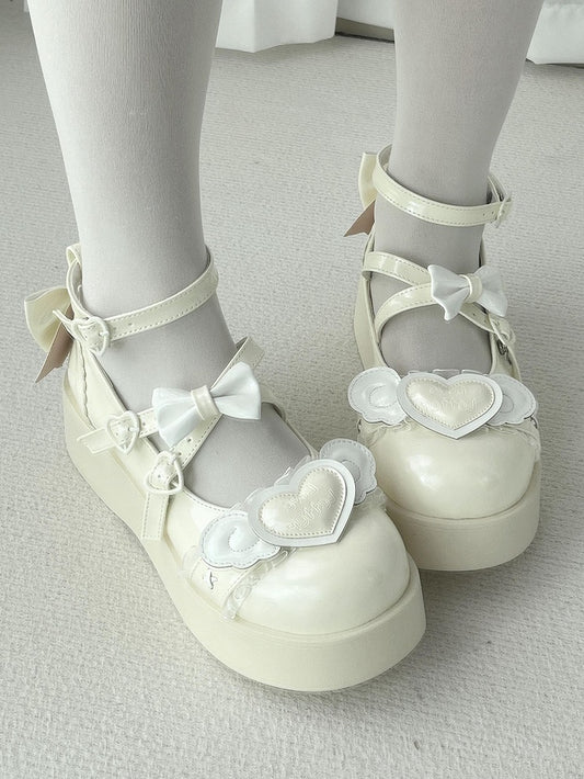 Creamy White Sweetheart and Bowknot Decorated Sweet Lolita Platforms
