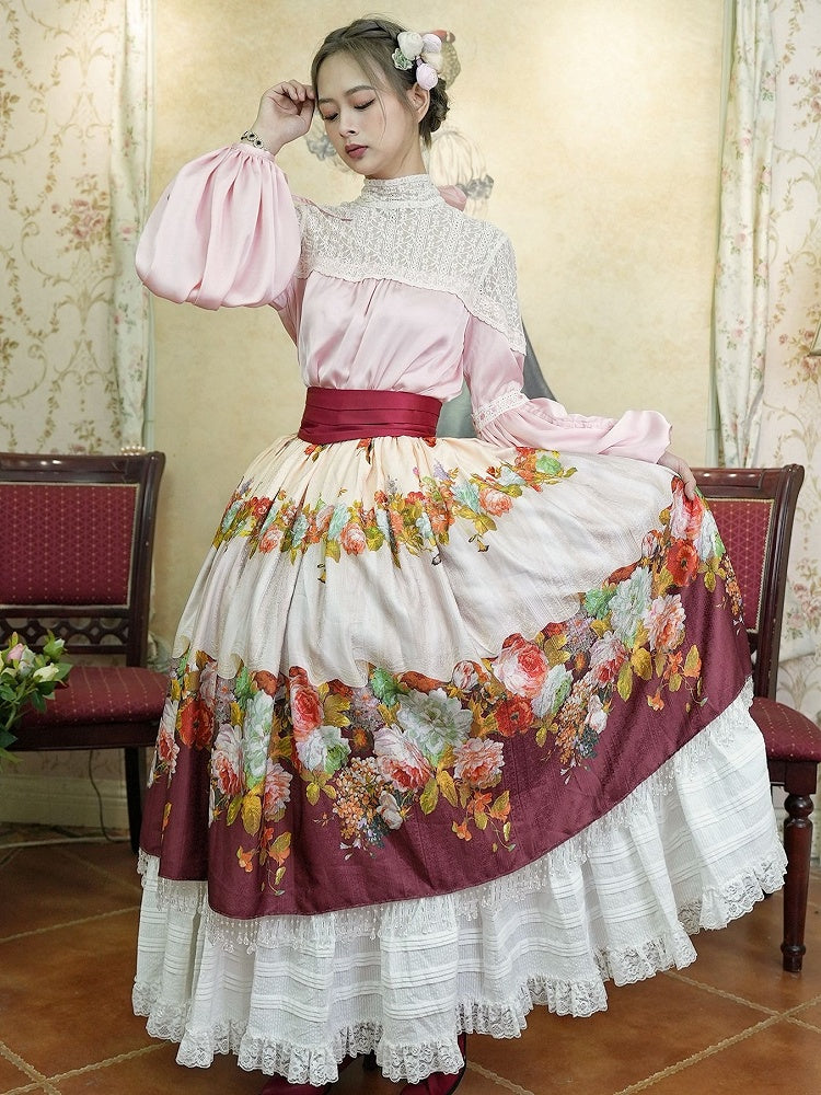 Historical Full Set- Pink Blouse + Wine Red Crystal Tassel Floral Skirt + Red Wide Belt