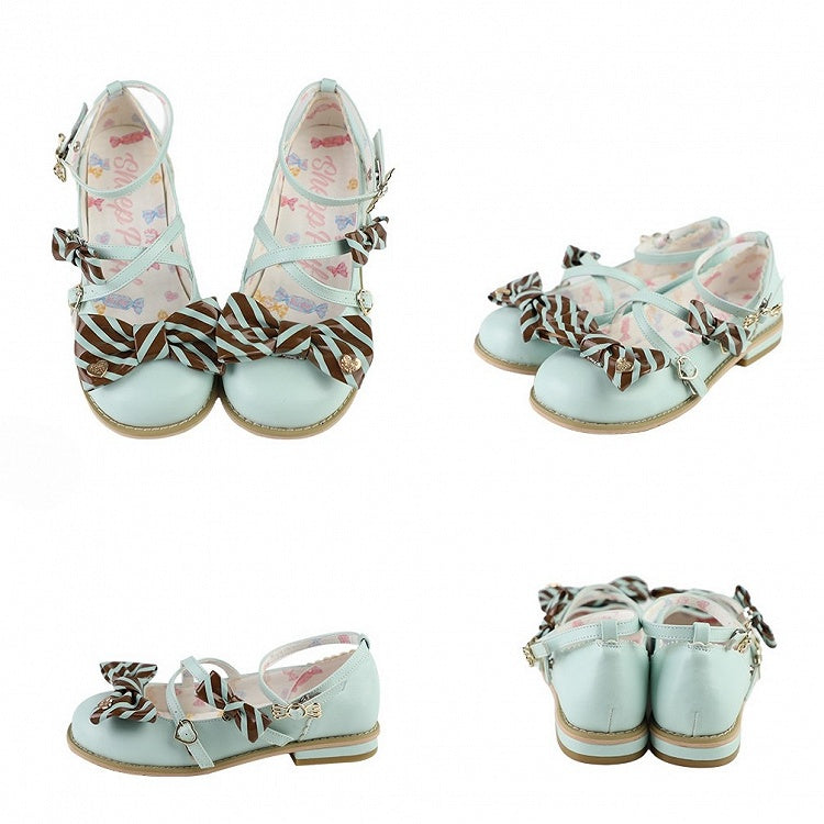 Green&Brown Striped Pattern Bow at Top Crisscross Design Heart Buckles Lolita Shoes